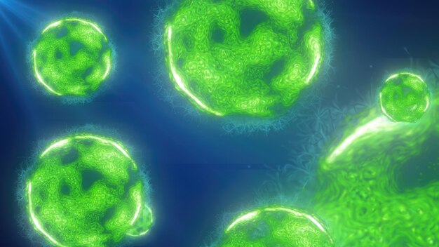 Een levendige afbeelding van zwevende groene bollen in een kosmische omgeving die lijkt op