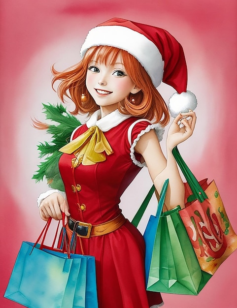 Een levendige aquarel van een Santa helper meisje haar armen vol met boodschappentassen terwijl ze lacht