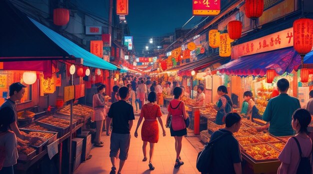 Een levendige Aziatische nachtmarkt