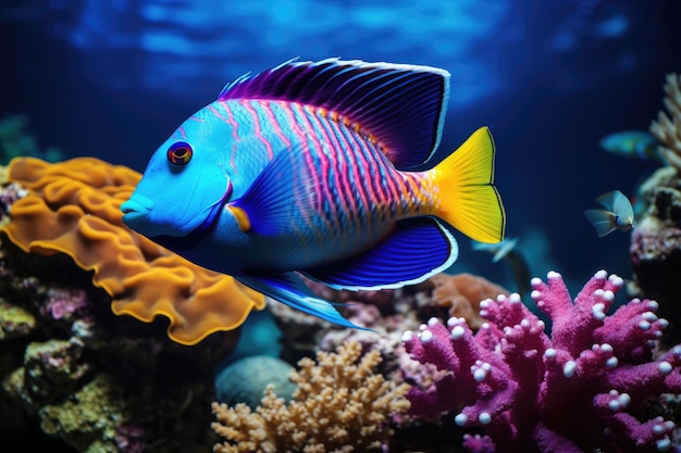 Een levendige blauwe en gele vis zwemt sierlijk in een boeiend aquarium tropische vis op een koraalrif AI Generated