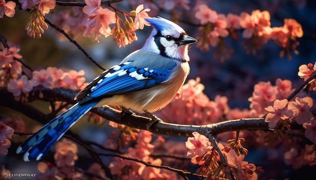 Een levendige blauwe tietje die op een tak in de natuur zit, gegenereerd door kunstmatige intelligentie.