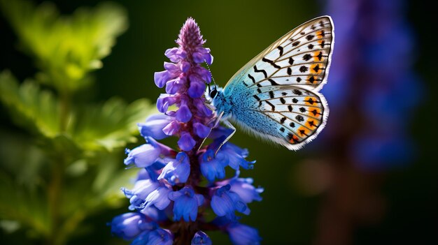 Foto een levendige blauwe vlinder in bloei een boeiende foto van de natuur