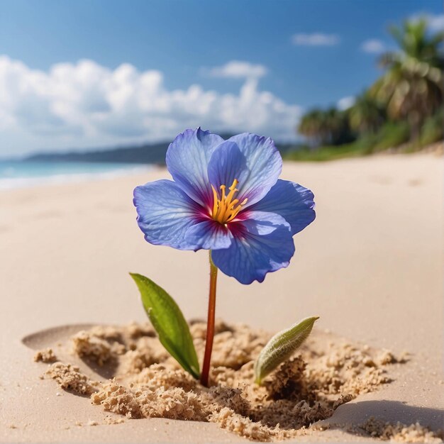 Een levendige bloem bloeit op het zand op een strand onder de zomerblauwe lucht Natuurlandschap