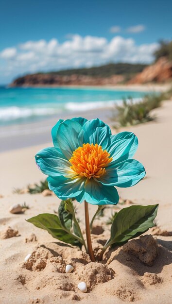 Een levendige bloem bloeit op het zand op een strand onder de zomerblauwe lucht Natuurlandschap