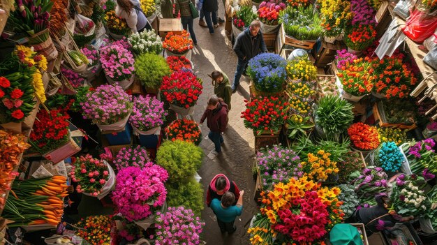 Een levendige bloemenmarkt met kleurrijke, schitterende tulpen