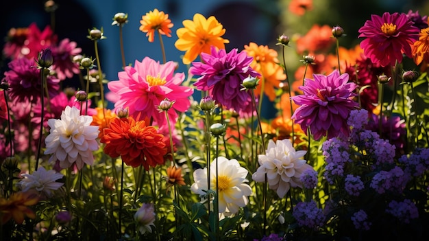 Een levendige bloementuin met een regenboog van bloemen AI Generative