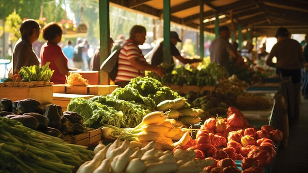 Foto een levendige boerenmarkt met kleurrijke stalletjes