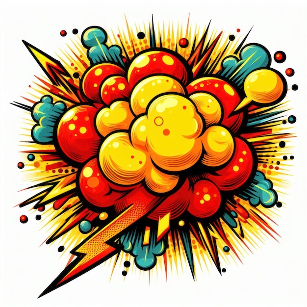 Foto een levendige cartoon explosie met gele en rode tinten afgebeeld in een dynamische comicstyle spraak bubbels