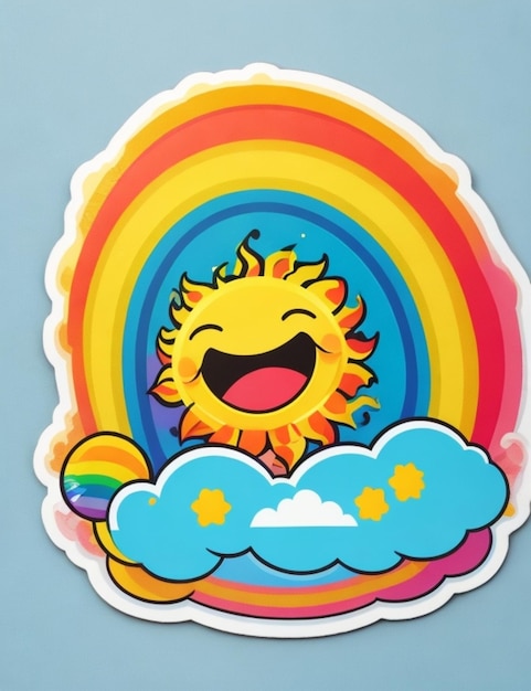 Een levendige cartoonachtige sticker van een lachende zon met een regenbooghalo