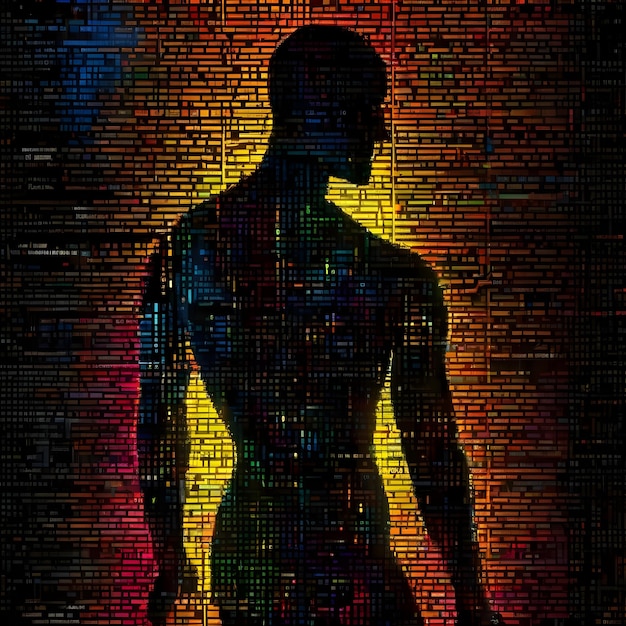 een levendige cascade van kleurrijke binaire matrixcode die het silhouet vormt van een boeiende mannelijke figuur