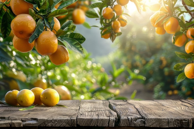 Een levendige citrusboomgaard met vers rijpe citroenen op een houten oppervlak in het zonlicht te midden van de natuur