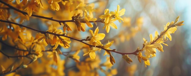 Een levendige close-up van een forsythia-tak in volle bloei met stralende gele bloemen