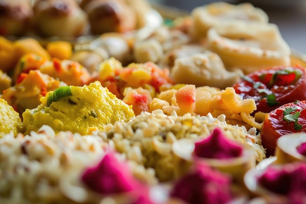 Een levendige close-up van een reeks Ugadi-festivalvoedsel