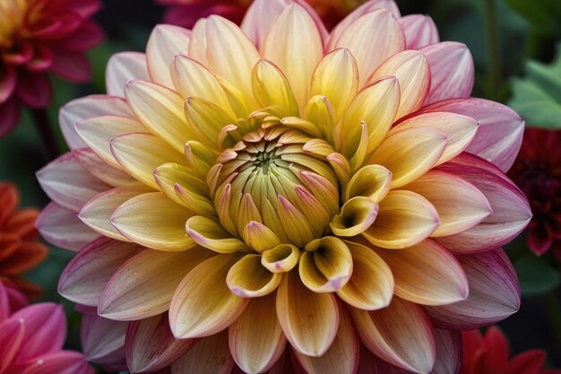 Een levendige close-up van een veelkleurige dahlia