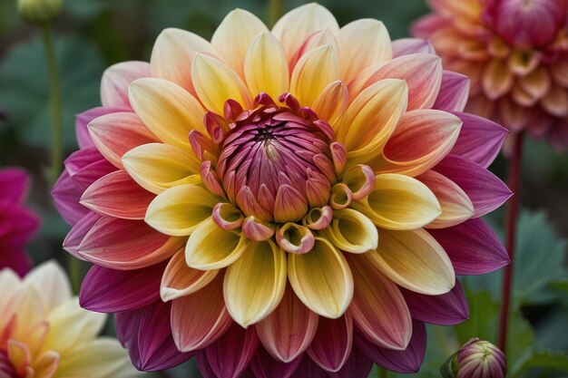 Een levendige close-up van een veelkleurige dahlia