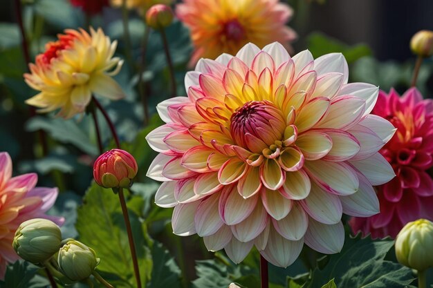 Een levendige close-up van een veelkleurige dahlia