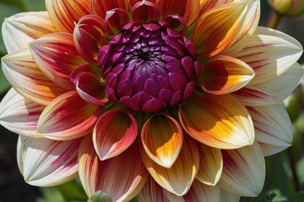 Een levendige close-up van een veelkleurige dahlia