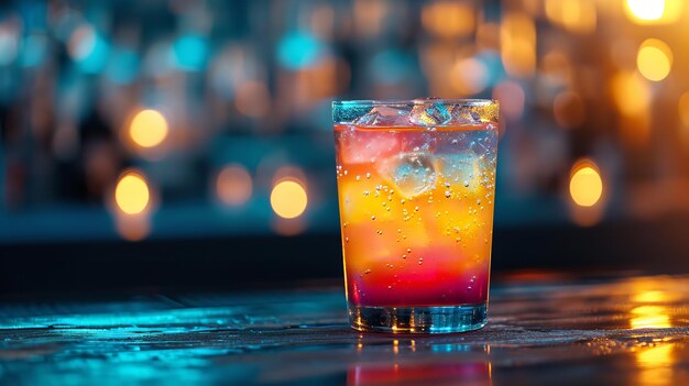 Een levendige cocktail die zich afspeelt tegen een levendige, wazige bar op de achtergrond. Generatieve AI