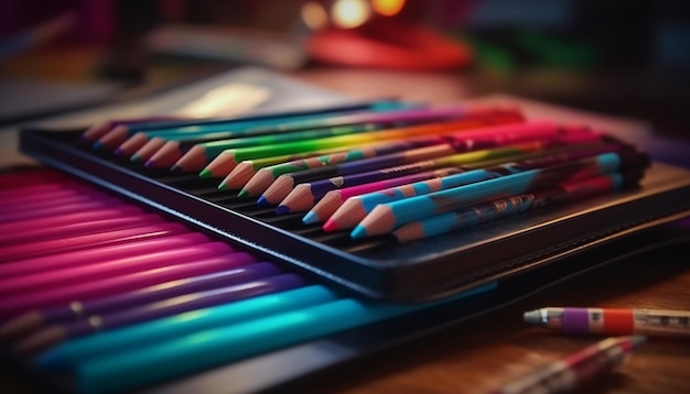 Een levendige collectie gekleurde potloden op een houten bureau gegenereerd door kunstmatige intelligentie