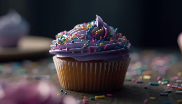 Een levendige cupcake met veelkleurige glazuren voor een verjaardagsfeestje gegenereerd door kunstmatige intelligentie