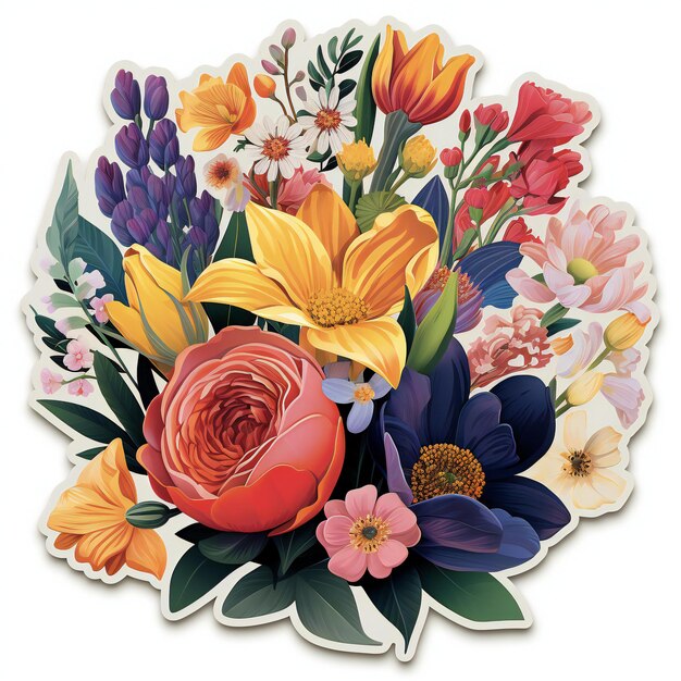 Een levendige en charmante stickerontwerp met een assortiment van verschillende soorten bloemen