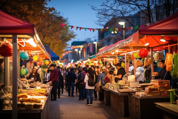 Foto een levendige en gevarieerde openluchtvoedselbazaar met een scala aan internationale gerechten