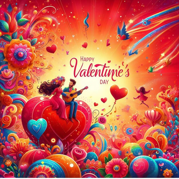 Een levendige en hartverwarmende Happy Valentine's Day poster die de essentie van de liefde vasthoudt