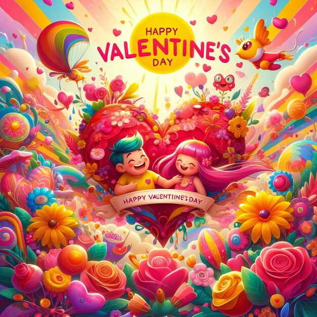 Een levendige en hartverwarmende Happy Valentine's Day poster die de essentie van de liefde vasthoudt