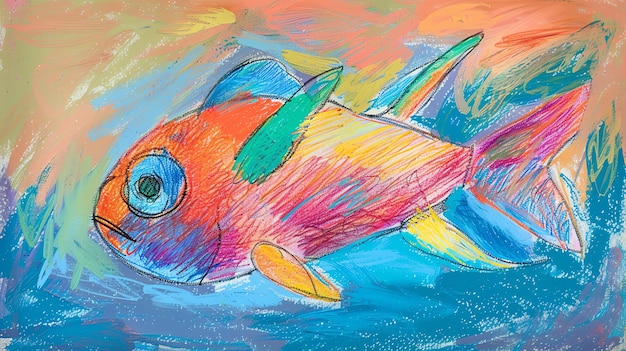 Foto een levendige en kleurrijke tekening van een vis de vis is afgebeeld met felrode oranje en gele schubben en heeft een groot oog