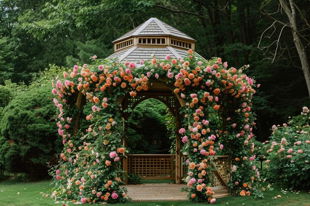 Een levendige en levendige gazebo in een park bedekt met een menigte bloemen die een prachtige visuele weergave creëert Een prachtige tuinviering met een gazebo in volle bloei AI gegenereerd