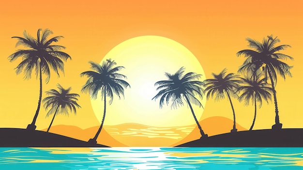 Een levendige en minimalistische illustratie van palmbomen in silhouet tegen een zonsondergang over een strand Generatieve AI