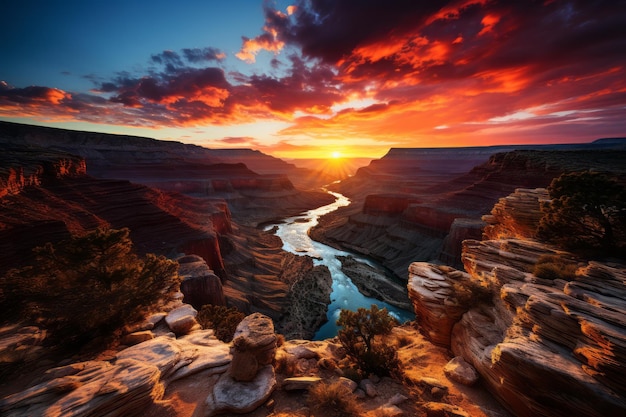 Foto een levendige en ontzagwekkende panoramische opname van de grand canyon