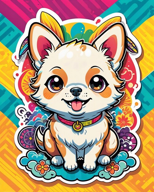 een levendige en speelse illustratie van een schattige hondensticker geïnspireerd op Japanse kawaii-kunst