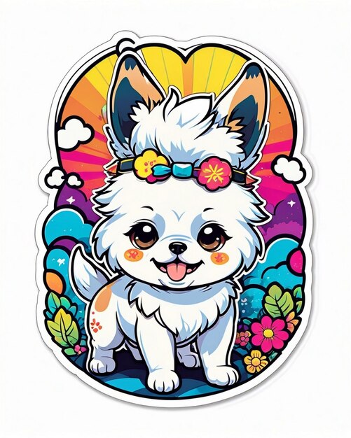 een levendige en speelse illustratie van een schattige hondensticker geïnspireerd op Japanse kawaii-kunst