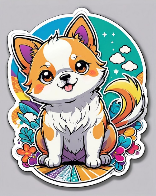 een levendige en speelse illustratie van een schattige hondensticker geïnspireerd op Japanse kawaii-kunst