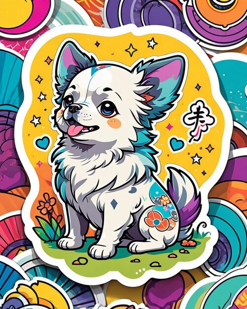 een levendige en speelse illustratie van een schattige hondensticker geïnspireerd op Japanse kawaii-kunst