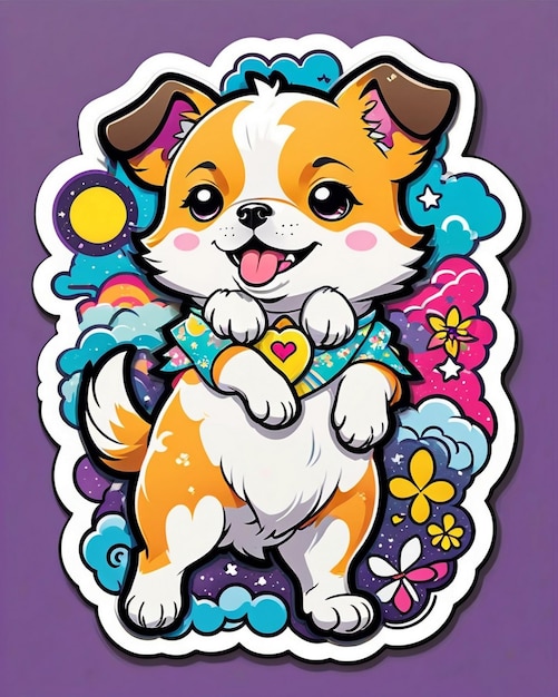 een levendige en speelse illustratie van een schattige hondensticker geïnspireerd op Japanse kawaii-kunst