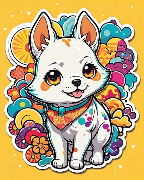 een levendige en speelse illustratie van een schattige hondensticker geïnspireerd op Japanse kawaii-kunst