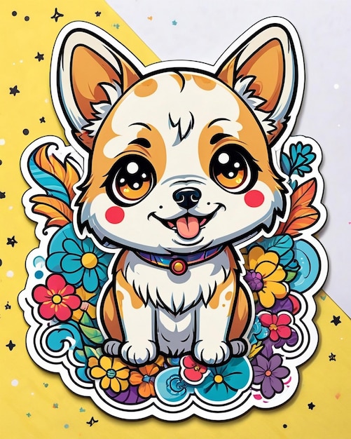 een levendige en speelse illustratie van een schattige hondensticker geïnspireerd op Japanse kawaii-kunst