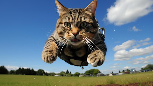 Een levendige foto van een ondeugende Tabby Cat MidLeap die de camera boeit met zijn speelse charme