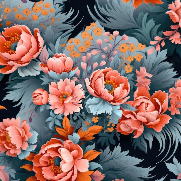 Een levendige fusie van roze en oranje bloemenpatronen met een vleugje blauw