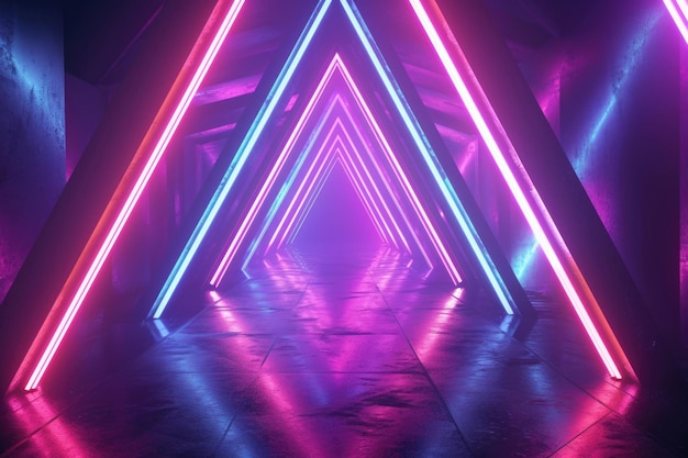Een levendige gang met gloeiende neon driehoekige vormen die een futuristisch tunnel-effect creëren