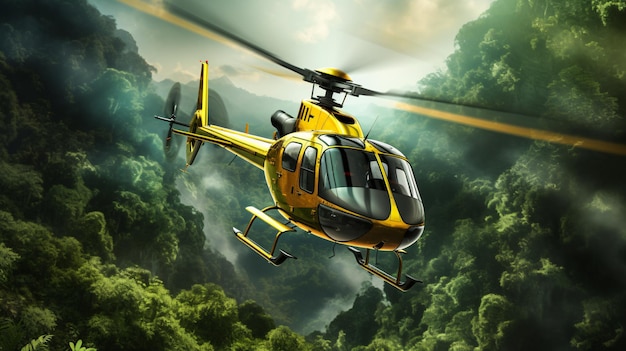 Foto een levendige gele helikopter vliegt door de lucht