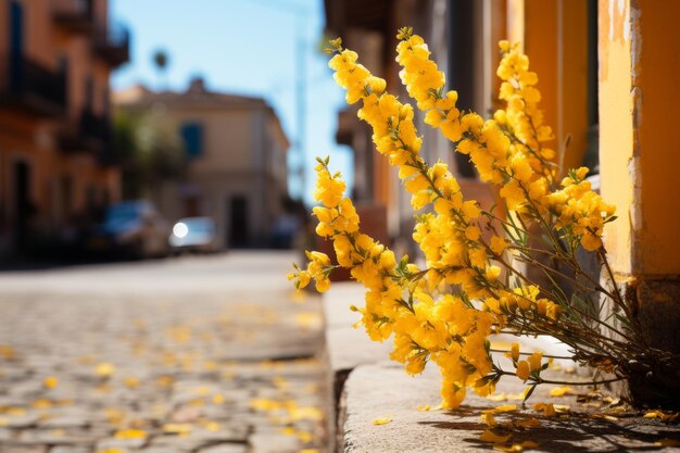 Een levendige gele mimosa die op een prachtige zonnige dag in de charmante historische straten van Rome opvalt