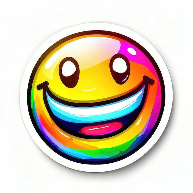 Een levendige glimlach sticker in cartoon stijl met een glanzende afwerking en een regenboog van kleuren