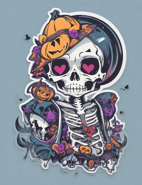 Een levendige graffiti-illustratie van een kawaii-skelet dat Halloween viert