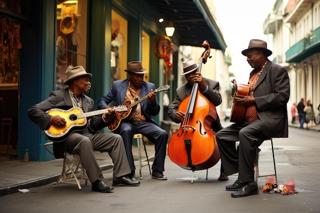 Een levendige groep mannen die verschillende instrumenten bespelen om voorbijgangers te vermaken in een drukke straat in de stad Straatmuzikanten die spelen in de Franse wijk van New Orleans AI Generated