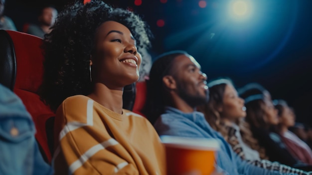 Een levendige groep van verschillende vrienden lachen en genieten van een film avond samen de kamer is gevuld met opwinding als ze verzamelen rond een groot scherm ondergedompeld in de films verhaallijn Th