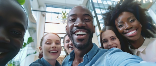 Een levendige groeps selfie vangt de brede glimlach van verschillende vrienden