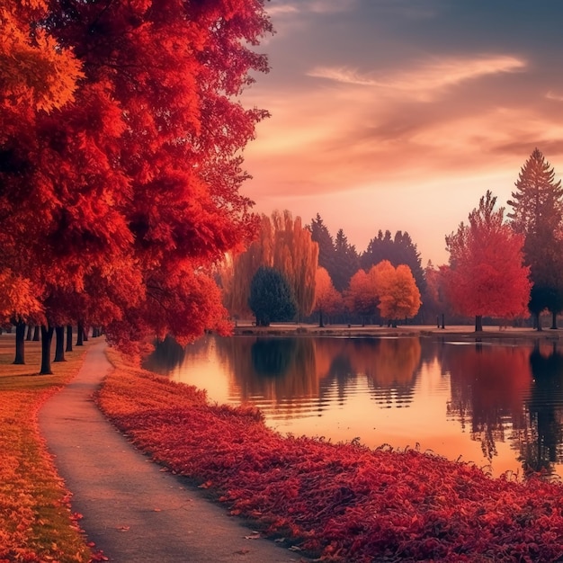 Een levendige herfsscène met bomen rond het meer in vlammen van vurig rood oranje en gouden le